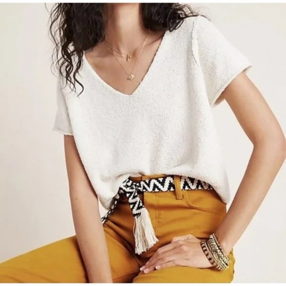 Anthropologie Cream Short Sleeve V-Neck Tee